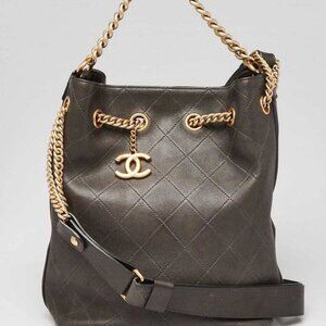 Chanel Grey Quilted Leather On My Shoulder Small Drawstring Bag